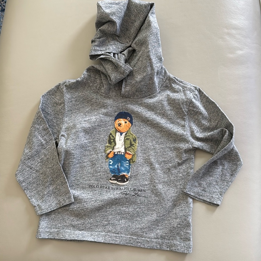 Ralph Lauren Gray Big Bear Long Sleeve Hooded Shirt Size 24mos
